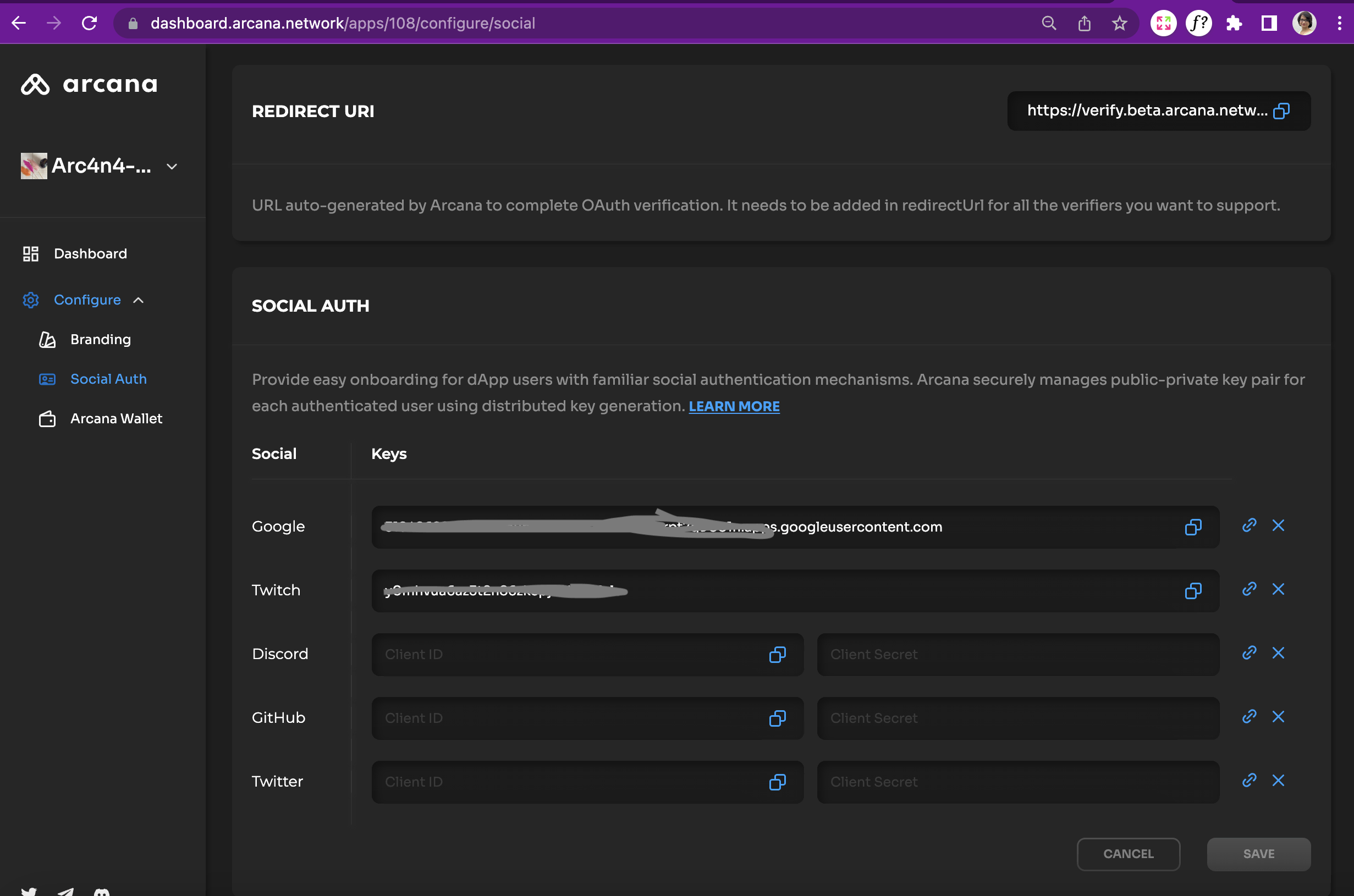 Use Dashboard to configure Google, Twitch social login